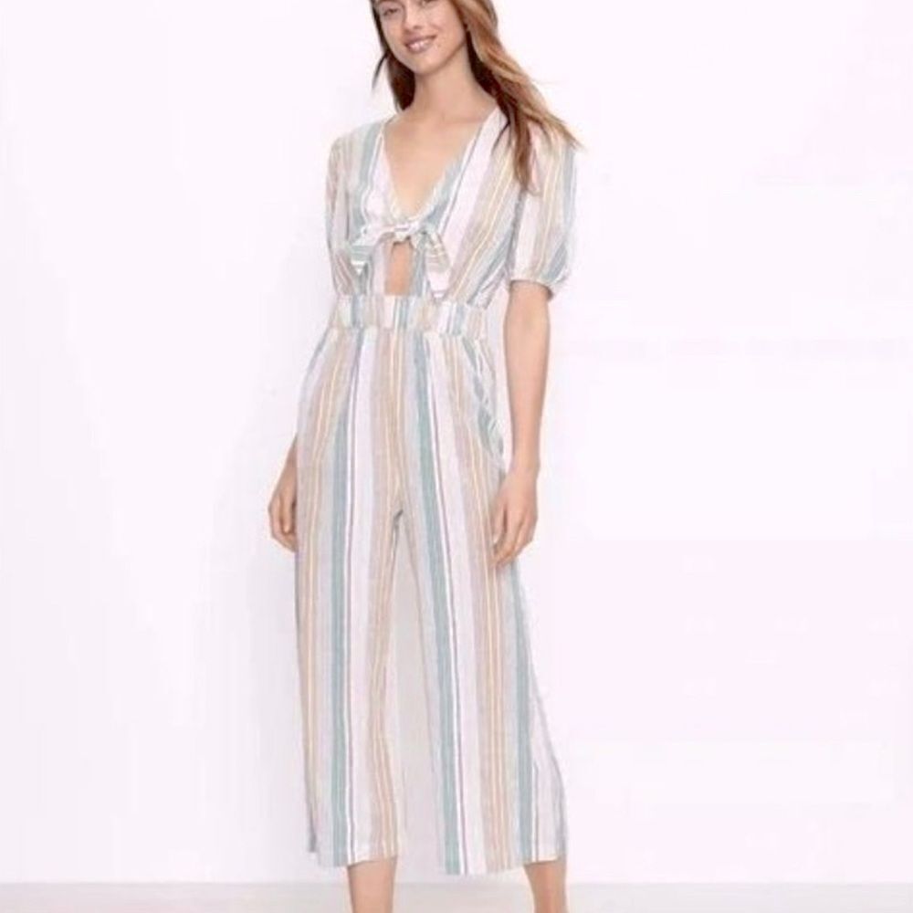 Loft Beach Striped Tie Front Wide Leg Jumpsuit Puff Sleeve Small